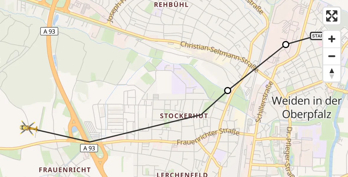 Flugroute Rettungshubschrauber Weiden Hospital - Weiden i.d.OPf., 17 Juni 2026, 10:37