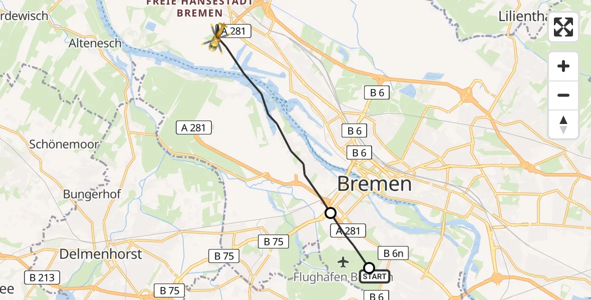 Flugroute Rettungshubschrauber Bremen - Bremen, 17 Juni 2026, 10:39