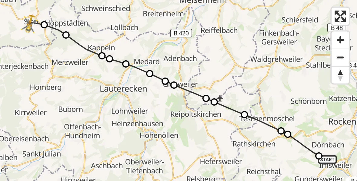 Flugroute Rettungshubschrauber Imsweiler UL - Sien, 17 Juni 2026, 10:46