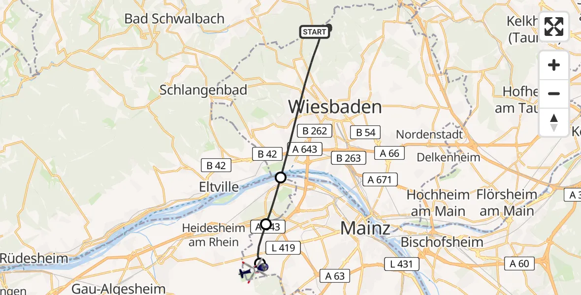 Flugroute Polizeihubschrauber Wiesbaden - Mainz-Finthen Flugplatz, 17 Juni 2026, 10:59