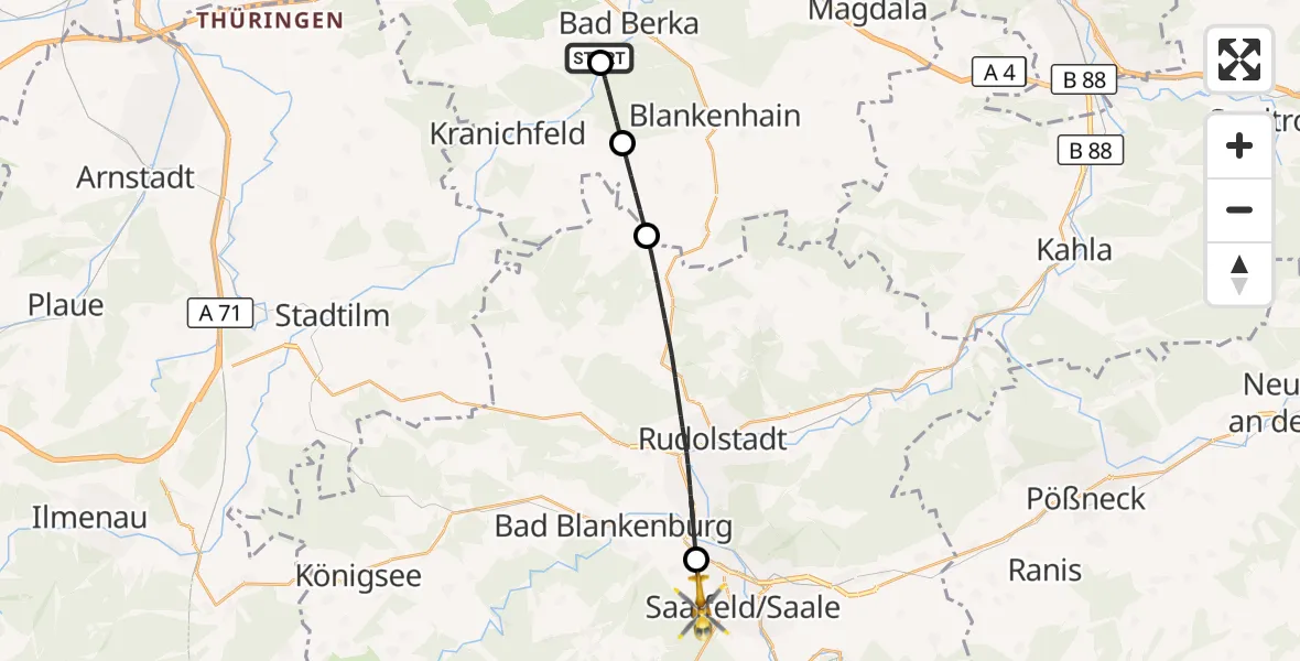 Flugroute Ambulanzhubschrauber Bad Berka Central Hospital - Saalfeld/Saale, 17 Juni 2026, 10:59