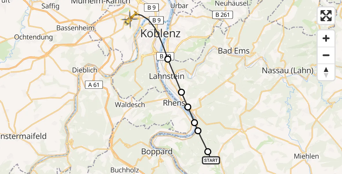 Flugroute Rettungshubschrauber Kamp-Bornhofen - Koblenz, 17 Juni 2026, 11:00