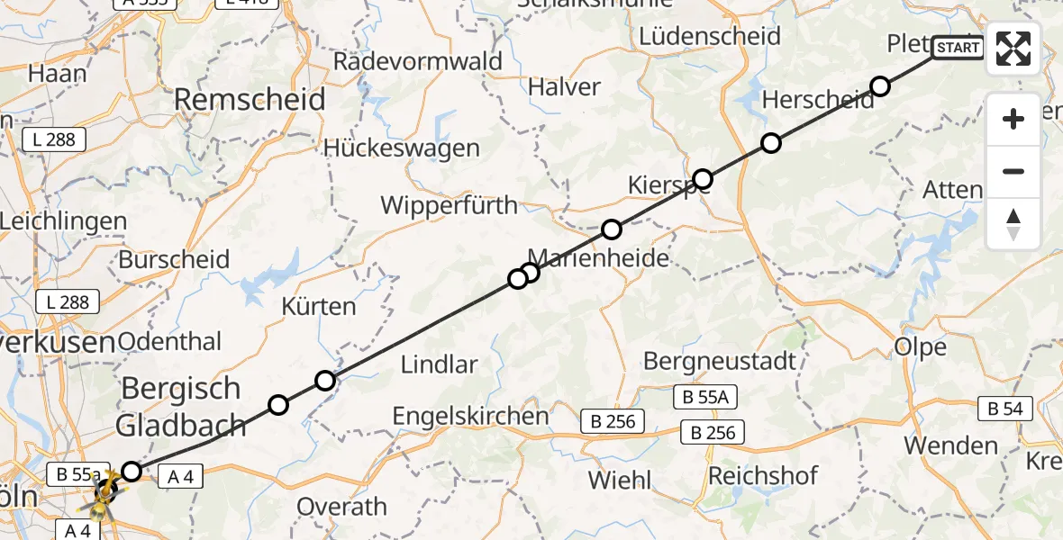 Flugroute Ambulanzhubschrauber Plettenberg - Merheim Hospital, 17 Juni 2026, 11:00