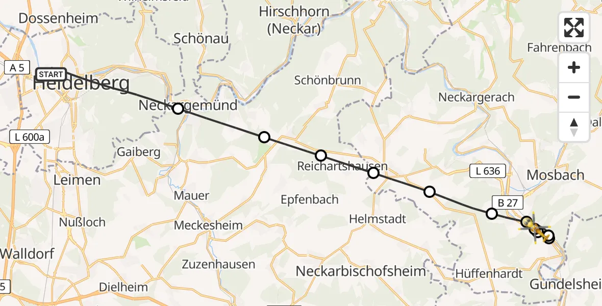 Flugroute Rettungshubschrauber Heidelberg - Neckarzimmern, 17 Juni 2026, 11:02