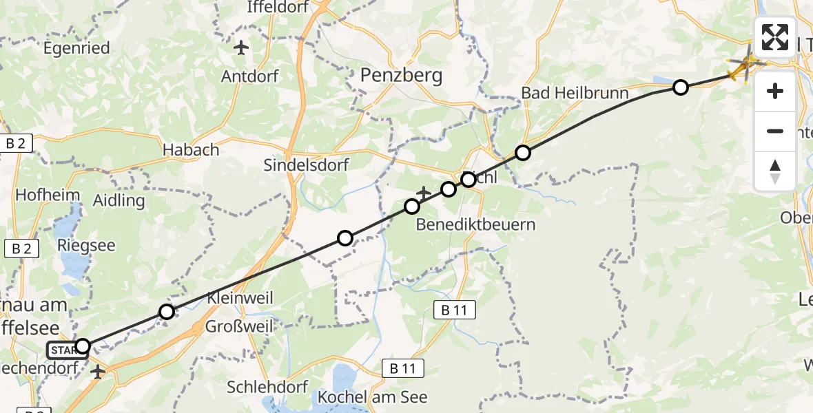 Flugroute Rettungshubschrauber Murnau a.Staffelsee - Wackersberg, 17 Juni 2026, 11:03
