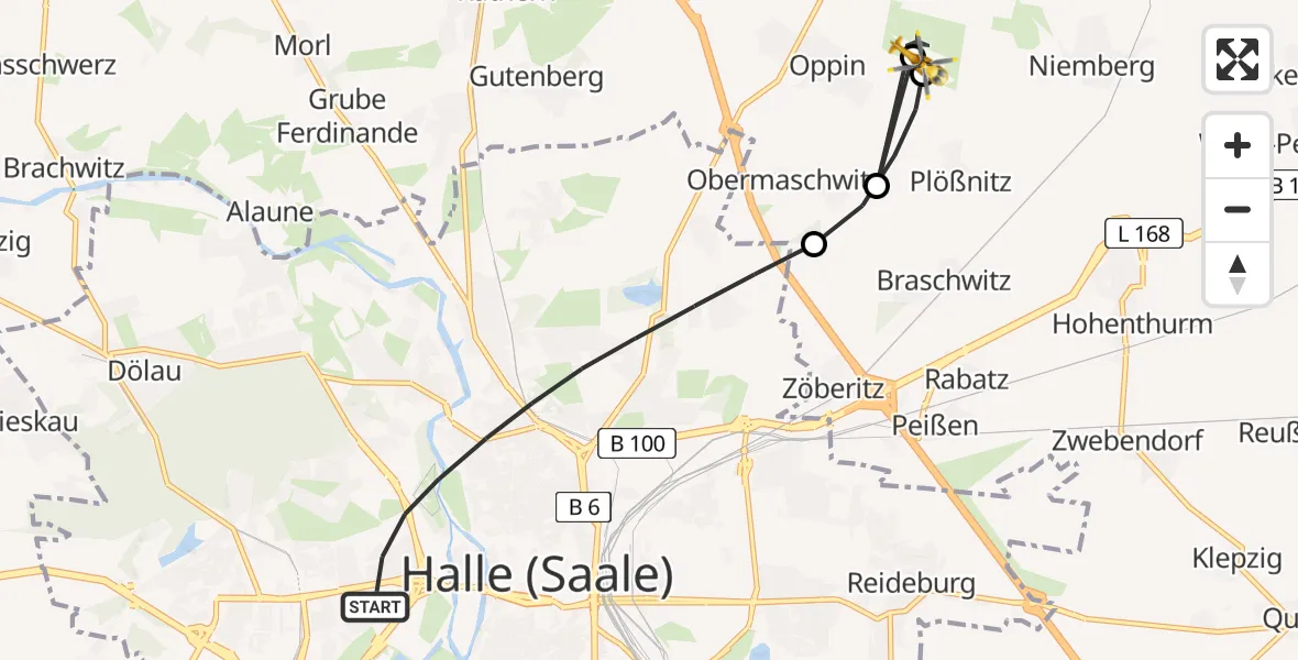 Flugroute Rettungshubschrauber Halle (Saale) - Halle-Oppin Flugplatz, 17 Juni 2026, 11:10