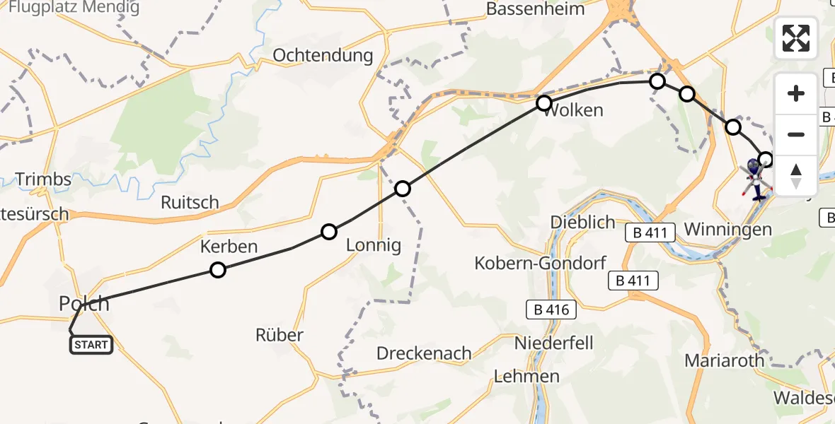 Flugroute Polizeihubschrauber Polch - Koblenz-Winningen Flugplatz, 17 Juni 2026, 11:10