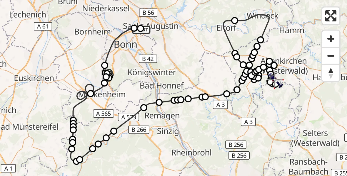 Flugroute Polizeihubschrauber Bonn-Hangelar Flugplatz - Stürzelbach, 17 Juni 2026, 11:11