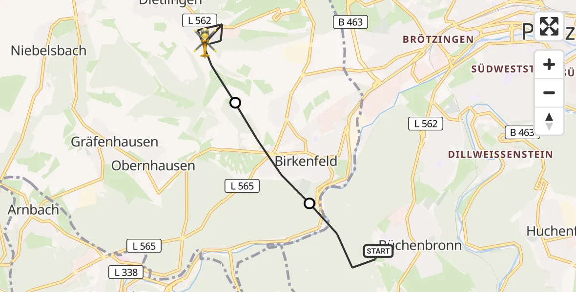 Flugroute Rettungshubschrauber Pforzheim - Keltern, 17 Juni 2026, 11:15