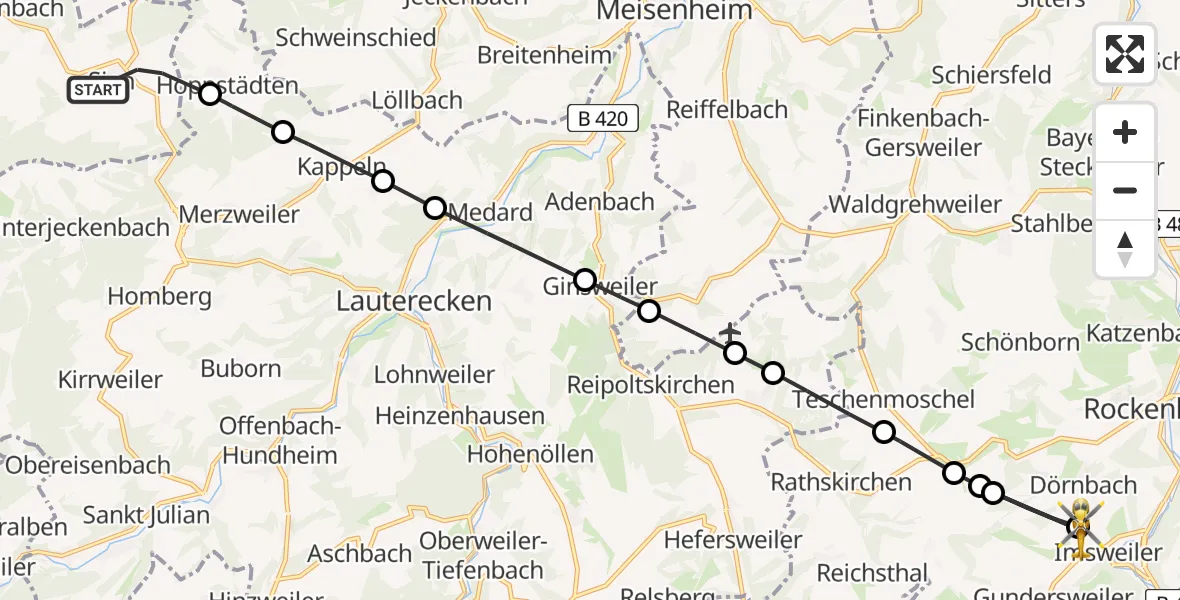 Flugroute Rettungshubschrauber Sien - Imsweiler UL, 17 Juni 2026, 11:26