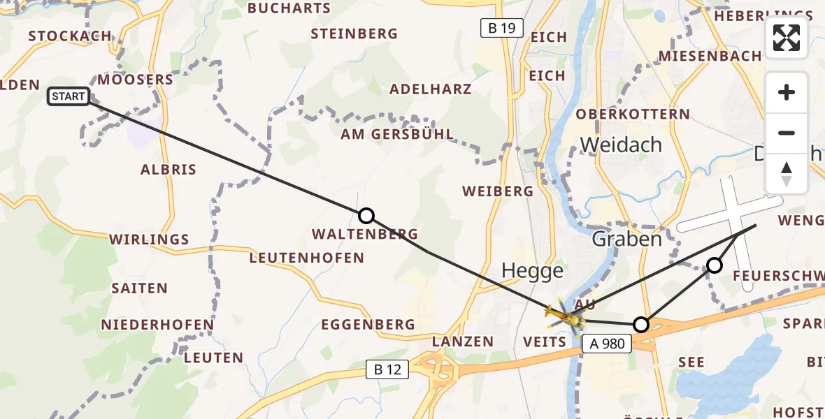 Flugroute Rettungshubschrauber Buchenberg - Waltenhofen, 17 Juni 2026, 11:35