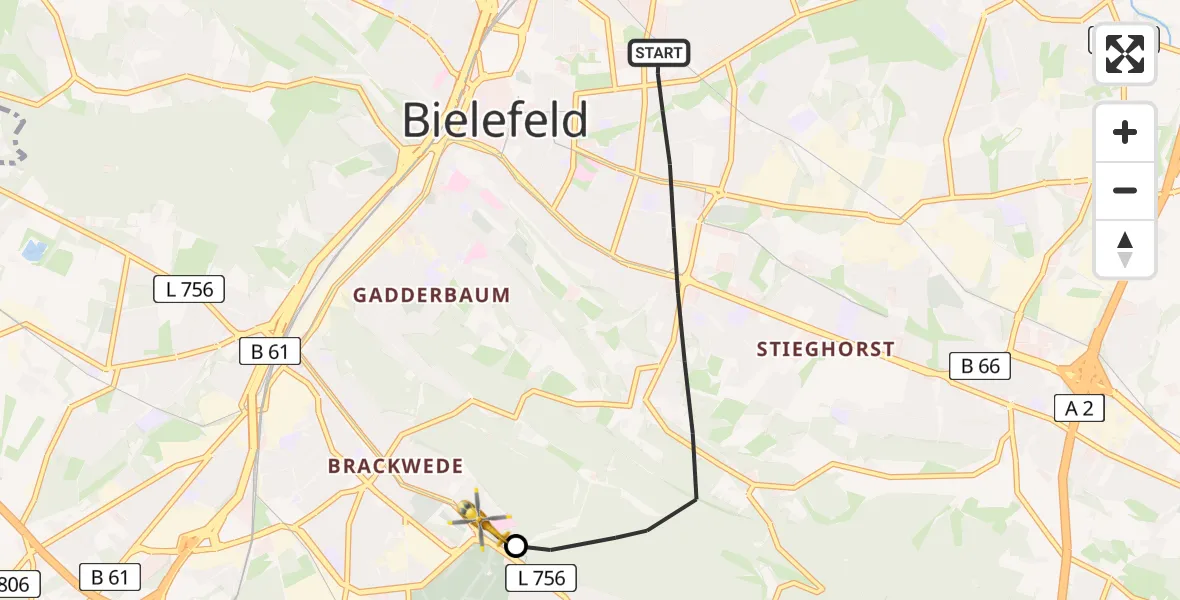 Flugroute Rettungshubschrauber Bielefeld - Luftrettungszentrum Bielefeld, 17 Juni 2026, 11:37
