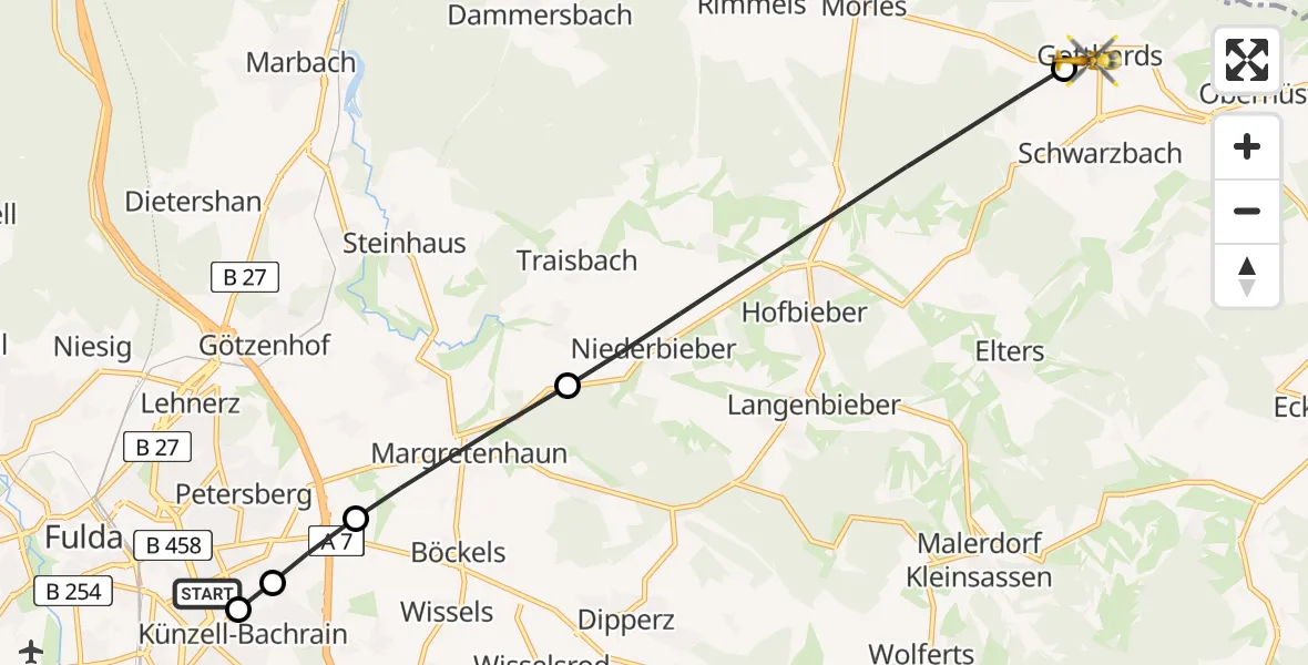 Flugroute Rettungshubschrauber Fulda Hospital - Nüsttal, 17 Juni 2026, 11:37