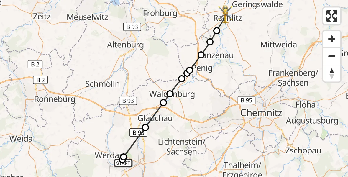 Flugroute Rettungshubschrauber ADAC Air Rescue Station Zwickau Hubschrauberlandeplatz - Rochlitz, 17 Juni 2026, 11:41