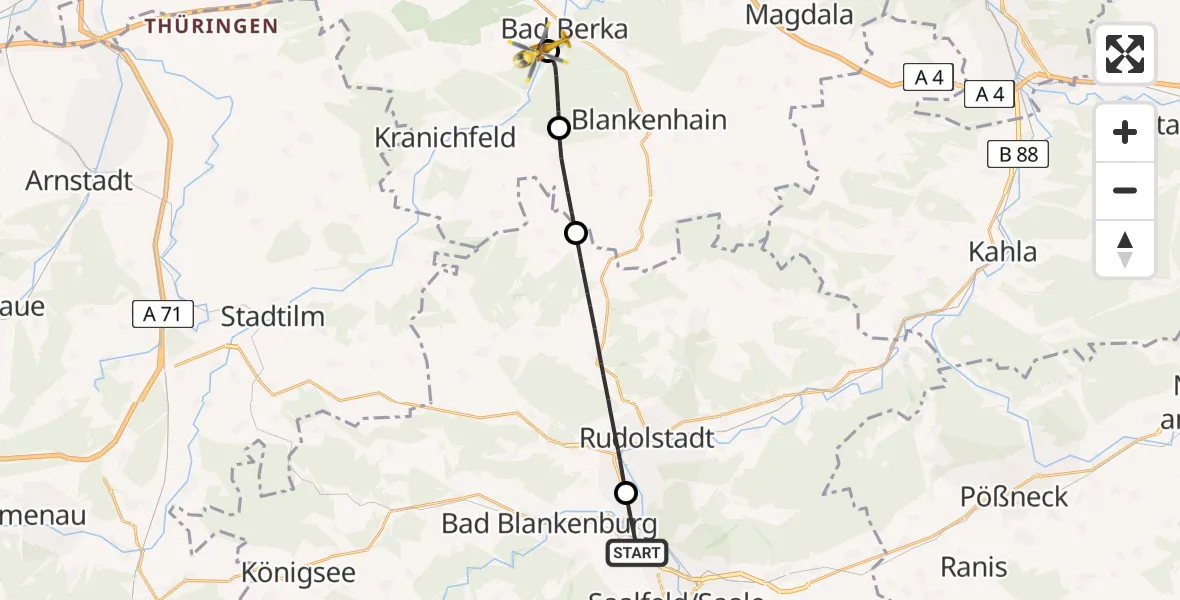 Flugroute Ambulanzhubschrauber Saalfeld/Saale - Bad Berka Central Hospital, 17 Juni 2026, 11:42