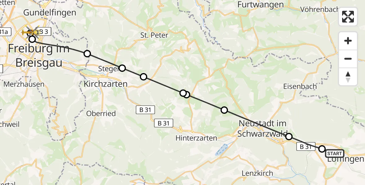 Flugroute Ambulanzhubschrauber Löffingen - Freiburg im Breisgau Flugplatz, 17 Juni 2026, 11:44
