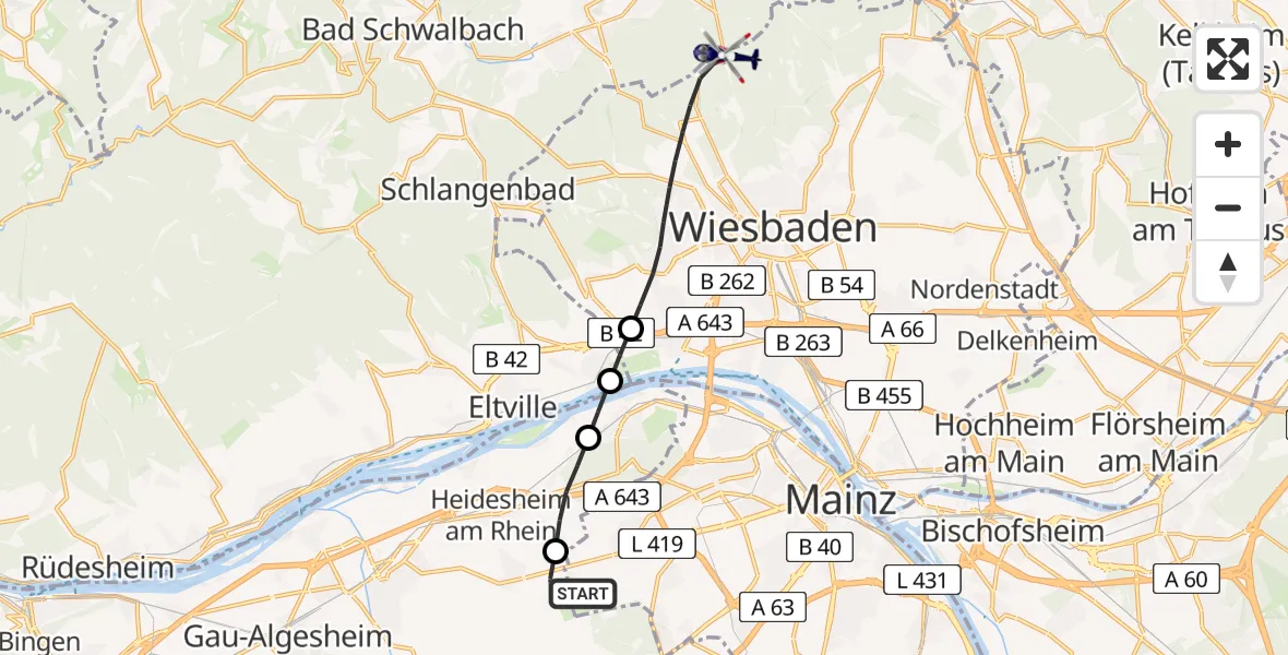Flugroute Polizeihubschrauber Mainz-Finthen Flugplatz - Wiesbaden, 17 Juni 2026, 11:47