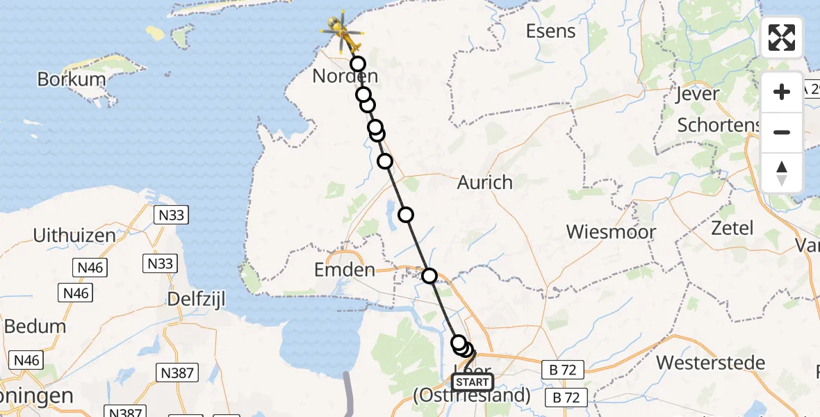 Flugroute Ambulanzhubschrauber Leer (Ostfriesland) - Norden, 17 Juni 2026, 11:49