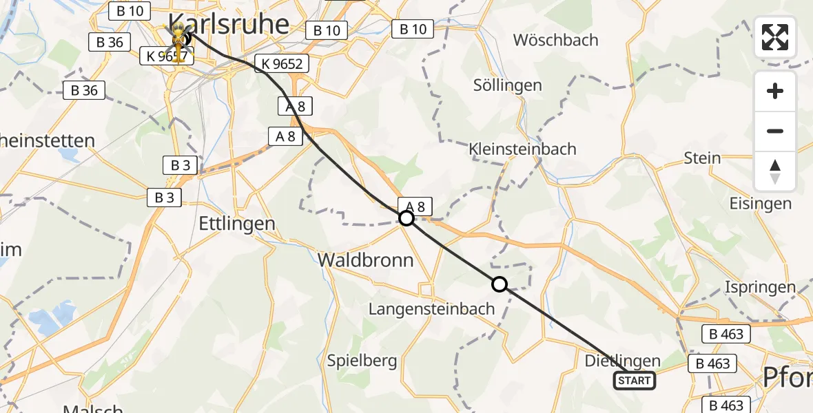 Flugroute Rettungshubschrauber Keltern - Sankt Vincentius Hospital, 17 Juni 2026, 11:51