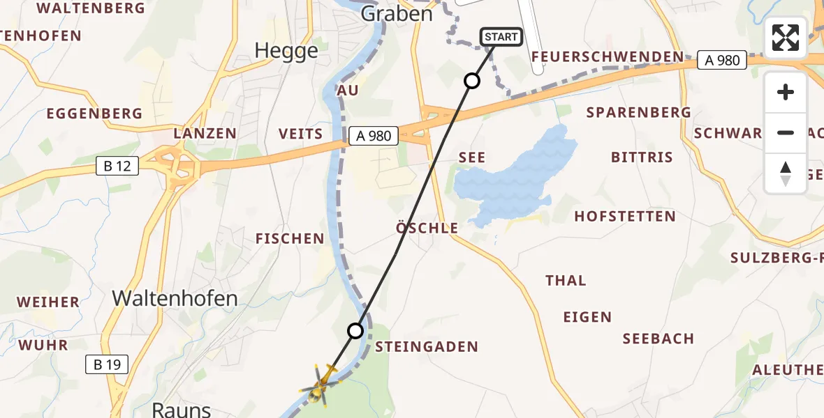 Flugroute Rettungshubschrauber Kempten-Durach Flugplatz - Waltenhofen, 17 Juni 2026, 11:57