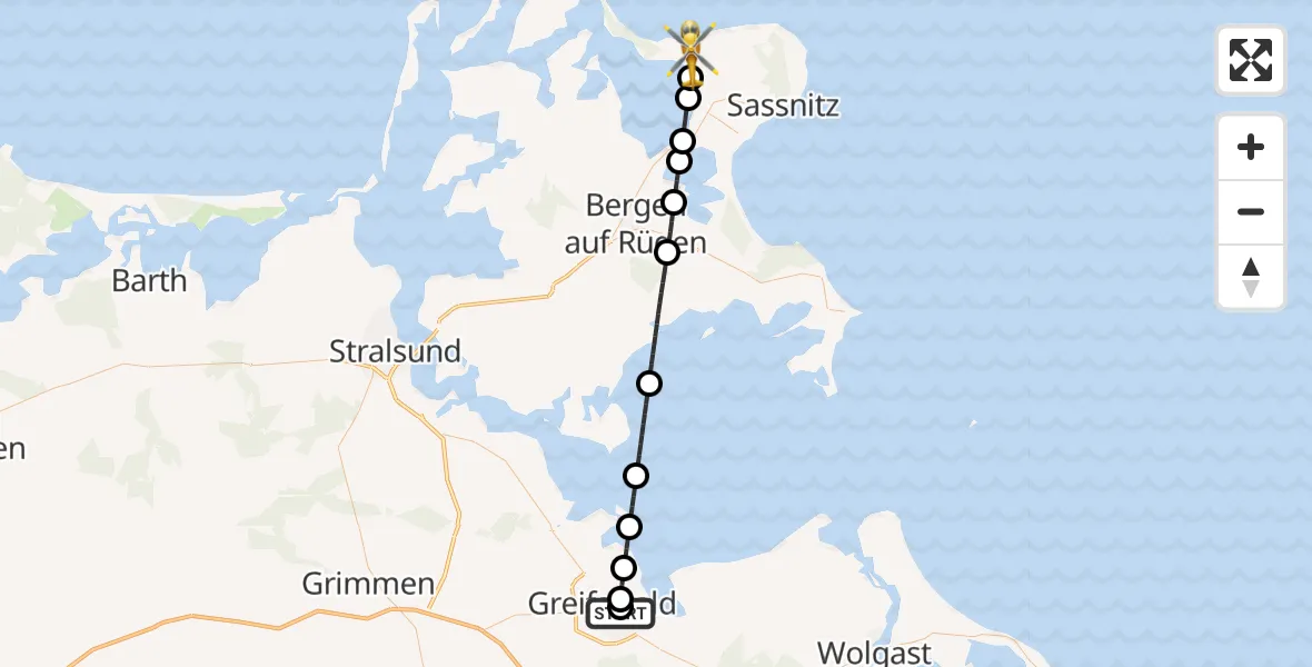 Flugroute Rettungshubschrauber Greifswald Hospital - Glowe, 17 Juni 2026, 12:01