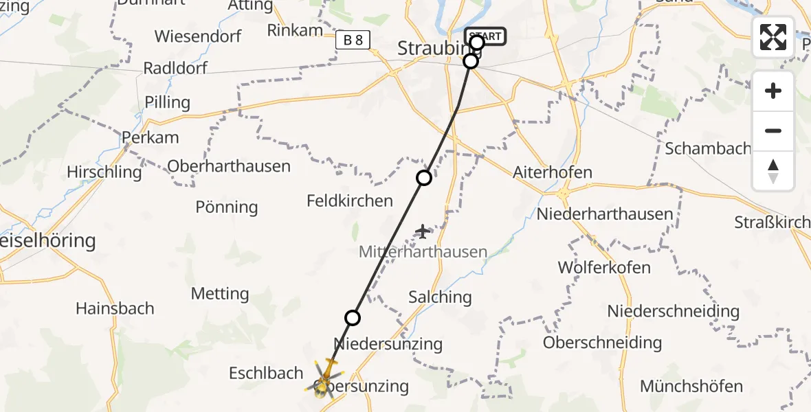 Flugroute Rettungshubschrauber Sankt Elisabeth Hospital Straubing - Leiblfing, 17 Juni 2026, 12:05