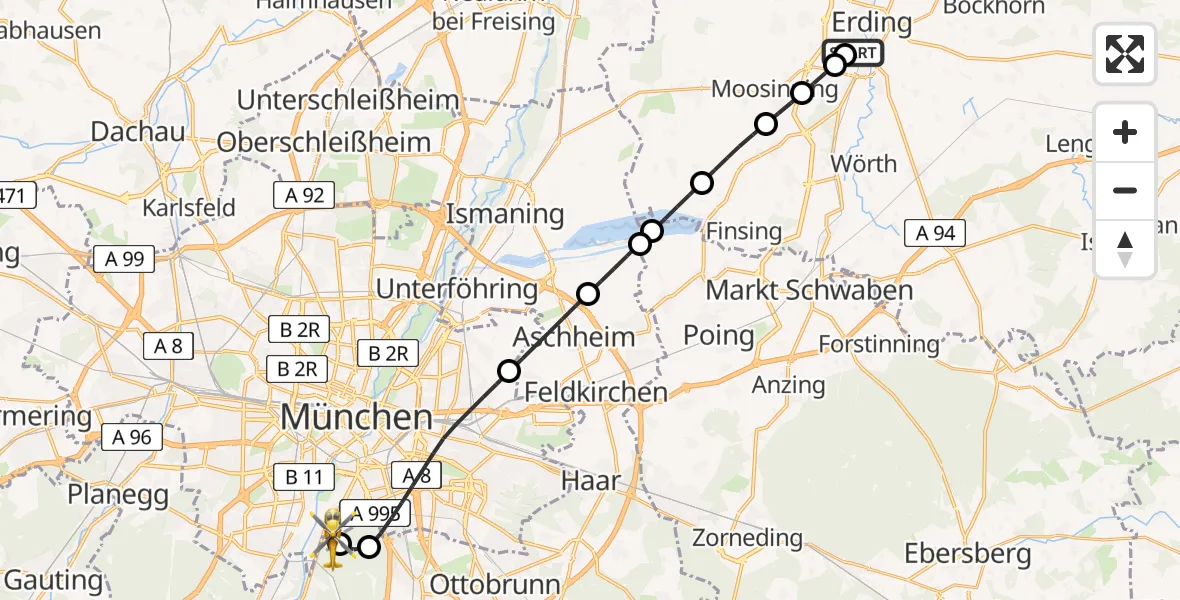 Flugroute Rettungshubschrauber Erding District Hospital - ADAC Air Rescue Center Hubschrauberlandeplatz (Christoph 1), 17 Juni 2026, 12:06