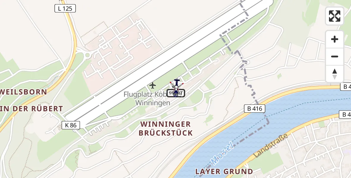 Flugroute Polizeihubschrauber Koblenz-Winningen Flugplatz - Koblenz-Winningen Flugplatz, 17 Juni 2026, 12:09