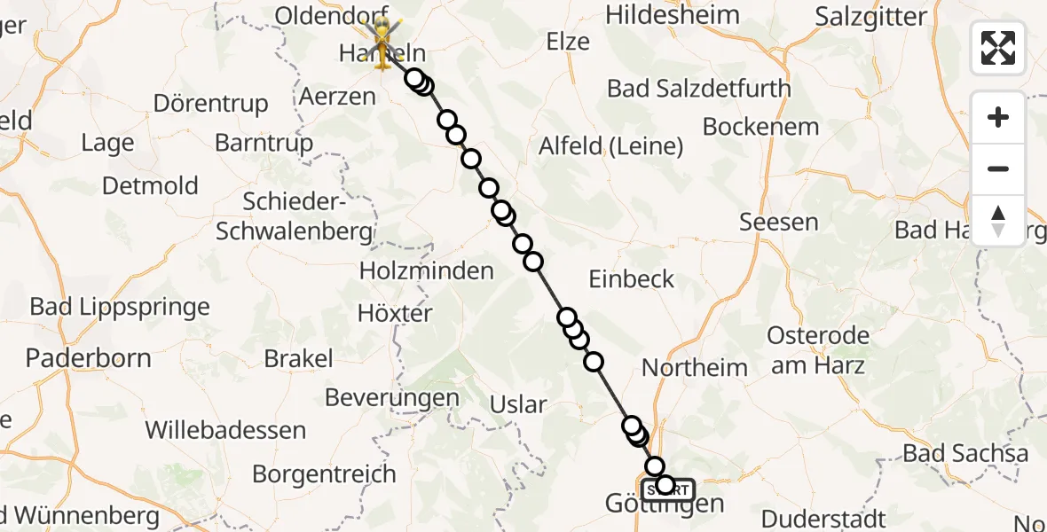 Flugroute Rettungshubschrauber Göttingen University Clinic Hubschrauberlandeplatz - Hameln, 17 Juni 2026, 12:10