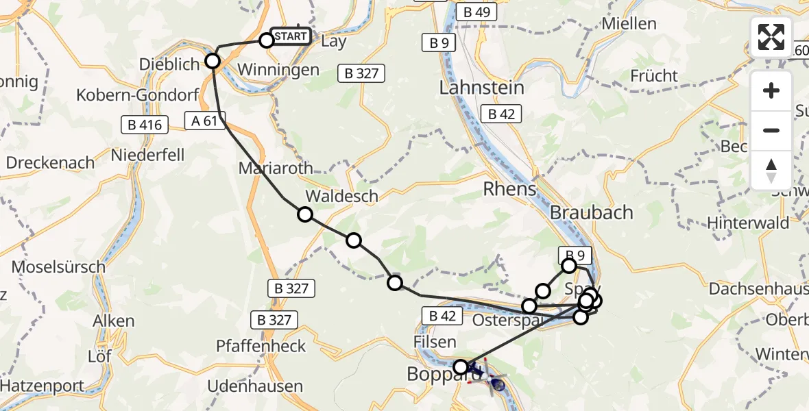 Flugroute Polizeihubschrauber Koblenz-Winningen Flugplatz - Boppard, 17 Juni 2026, 12:10