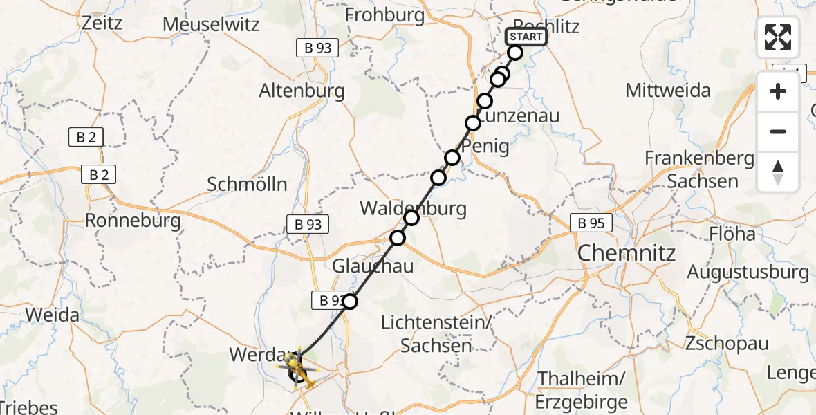 Flugroute Rettungshubschrauber Rochlitz - ADAC Air Rescue Station Zwickau Hubschrauberlandeplatz, 17 Juni 2026, 12:11