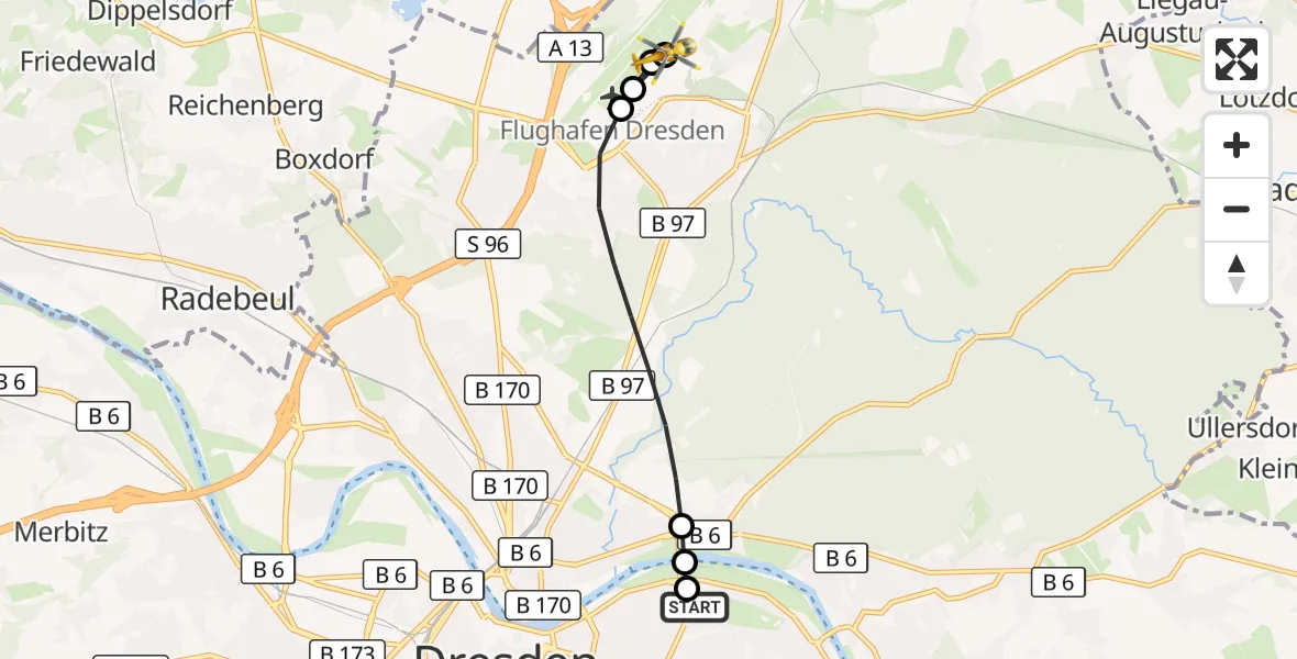 Flugroute Rettungshubschrauber Dresden University Hospital - Dresden Bundespolizei Hubschrauberlandeplatz, 17 Juni 2026, 12:15