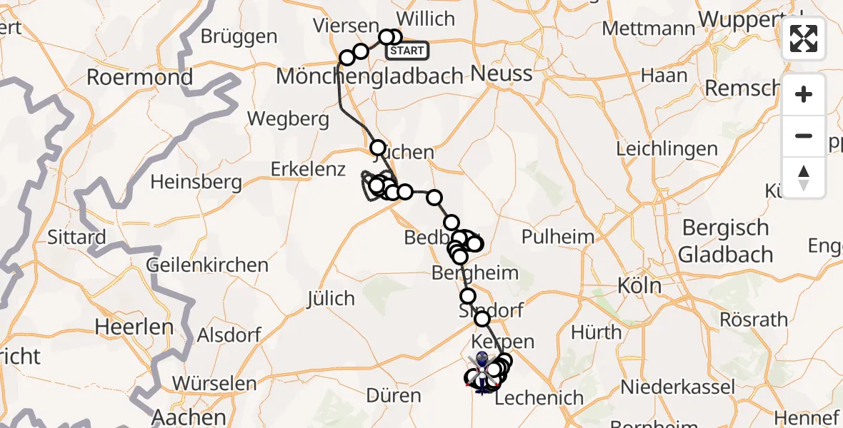 Flugroute Polizeihubschrauber Mönchengladbach Flughafen - Militärflugplatz Nörvenich, 17 Juni 2026, 12:21
