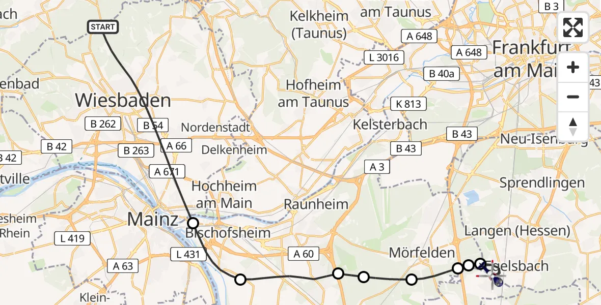 Flugroute Polizeihubschrauber Wiesbaden - Flughafen Frankfurt-Egelsbach, 17 Juni 2026, 12:22