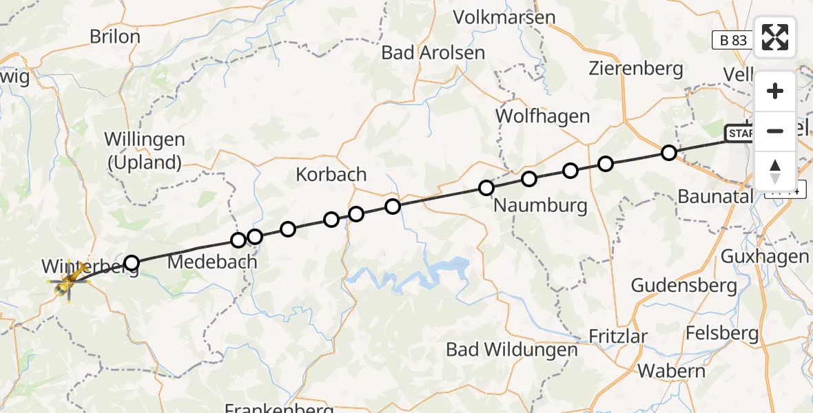 Flugroute Rettungshubschrauber Kassel - Winterberg, 17 Juni 2026, 12:26
