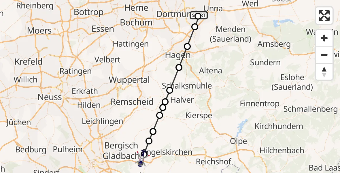 Flugroute Polizeihubschrauber Dortmund Flughafen - Overath, 17 Juni 2026, 12:35