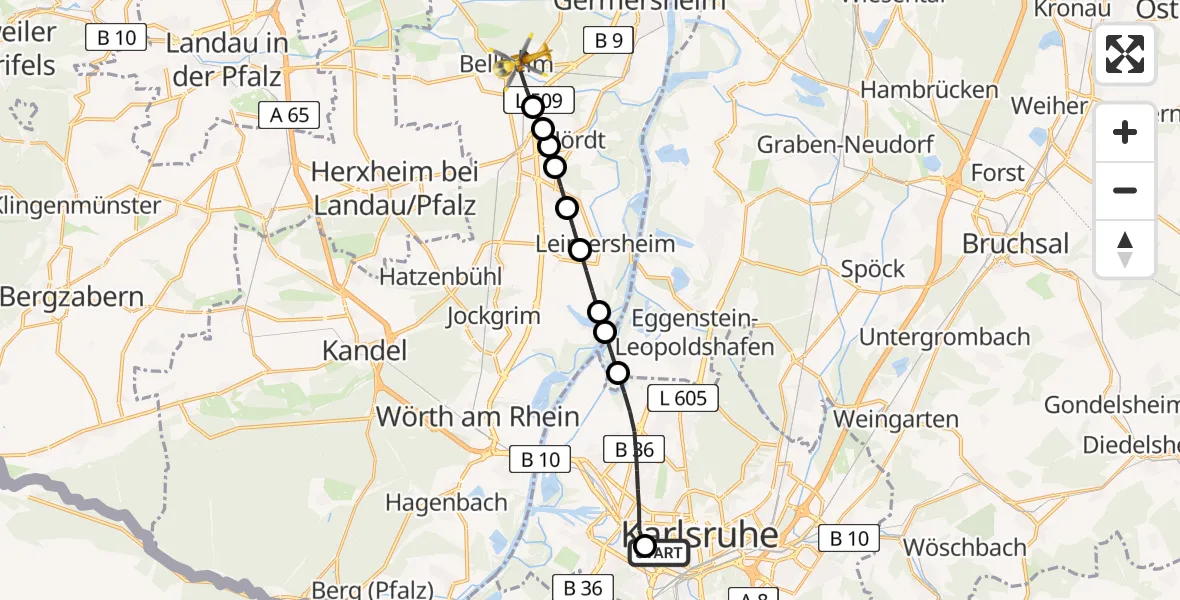 Flugroute Rettungshubschrauber Sankt Vincentius Hospital - Bellheim, 17 Juni 2026, 12:44