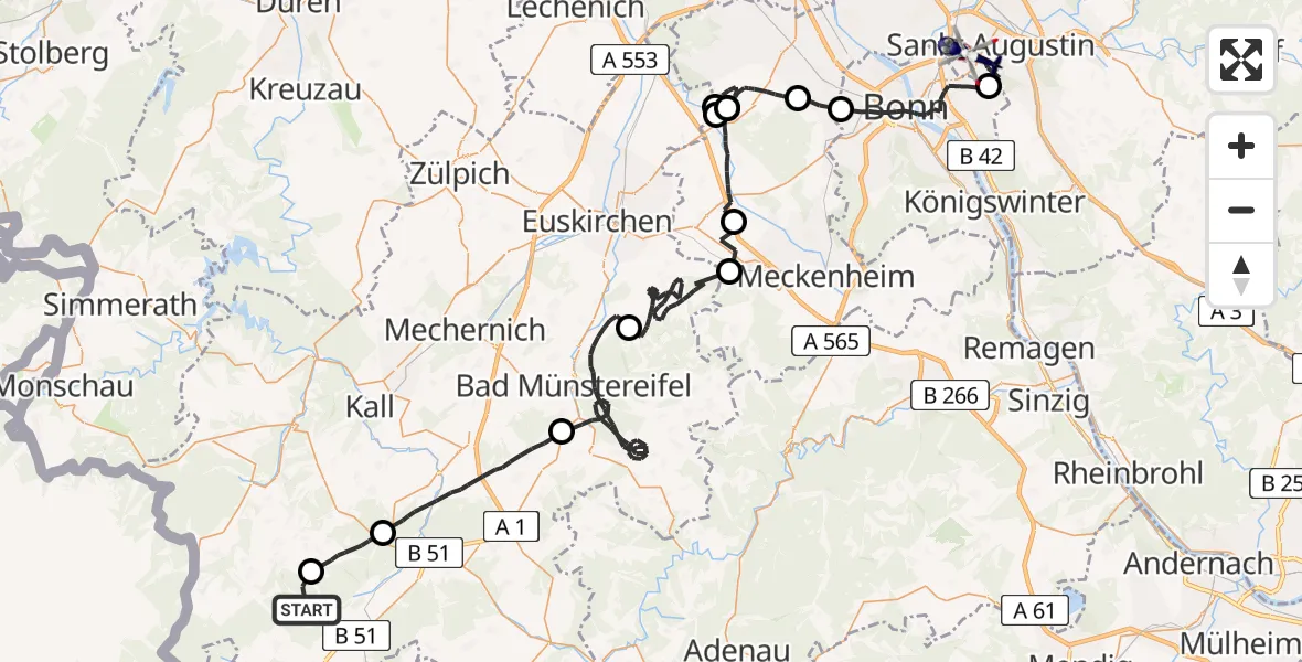 Flugroute Polizeihubschrauber Dahlem - Bonn-Hangelar Flugplatz, 17 Juni 2026, 12:59