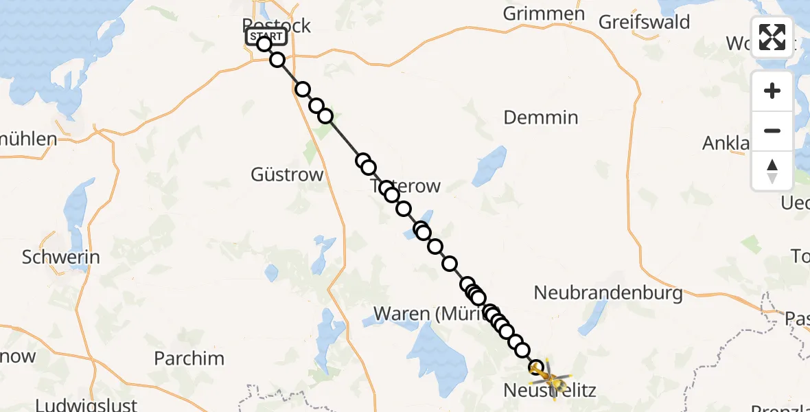 Flugroute Rettungshubschrauber Rostock - Neustrelitz, 17 Juni 2026, 13:03