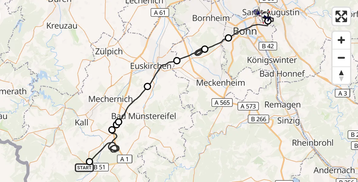 Flugroute Polizeihubschrauber Hellenthal - Bonn-Hangelar Flugplatz, 17 Juni 2026, 13:10