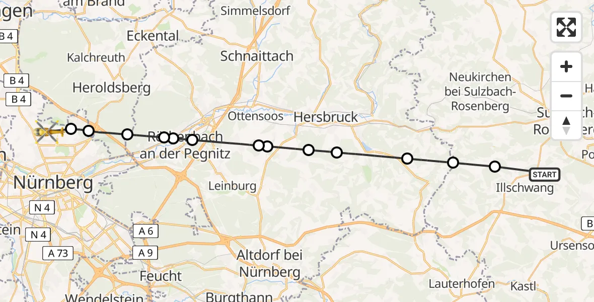 Flugroute Rettungshubschrauber Illschwang - Flughafen Nuremberg, 17 Juni 2026, 13:11