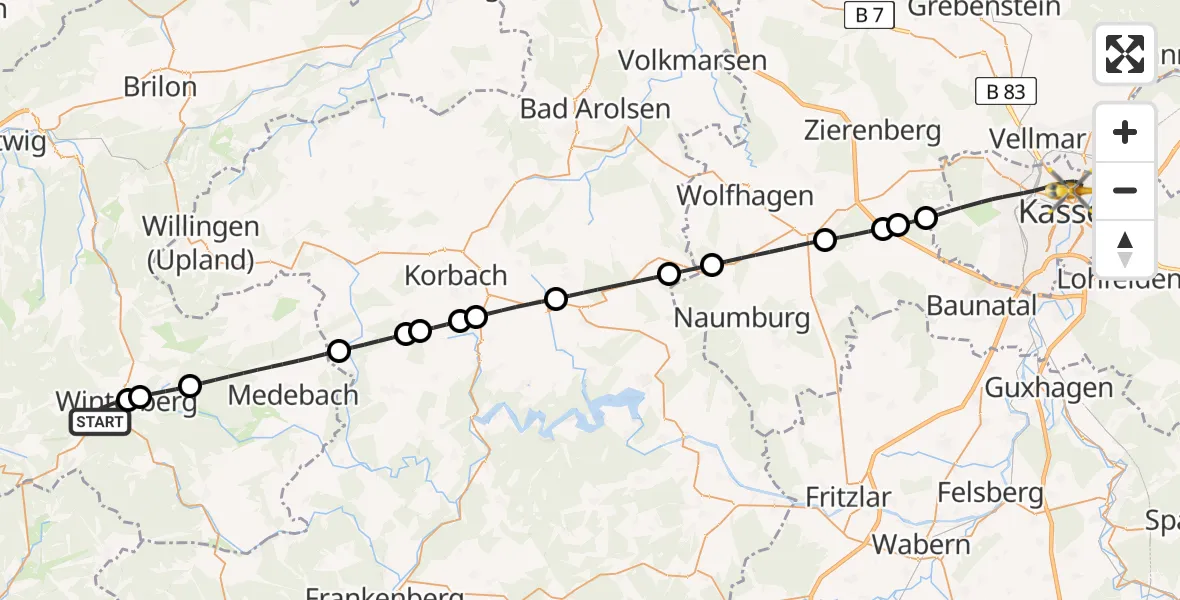 Flugroute Rettungshubschrauber Winterberg - Kassel, 17 Juni 2026, 13:26