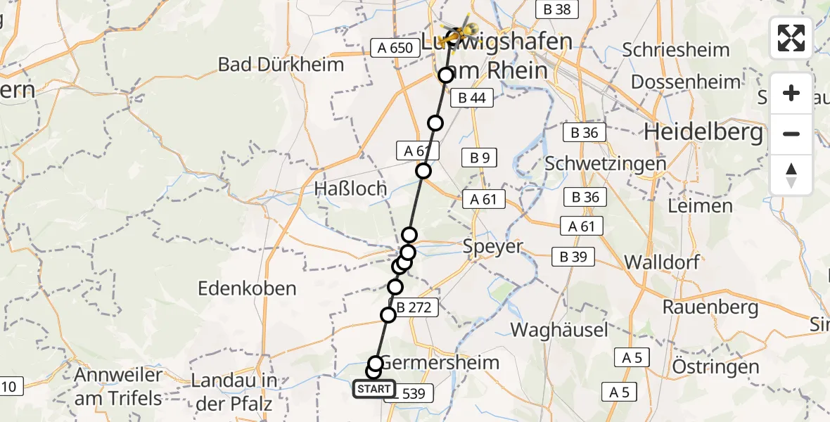 Flugroute Rettungshubschrauber Bellheim - Ludwigshafen Accident Hospital, 17 Juni 2026, 13:31
