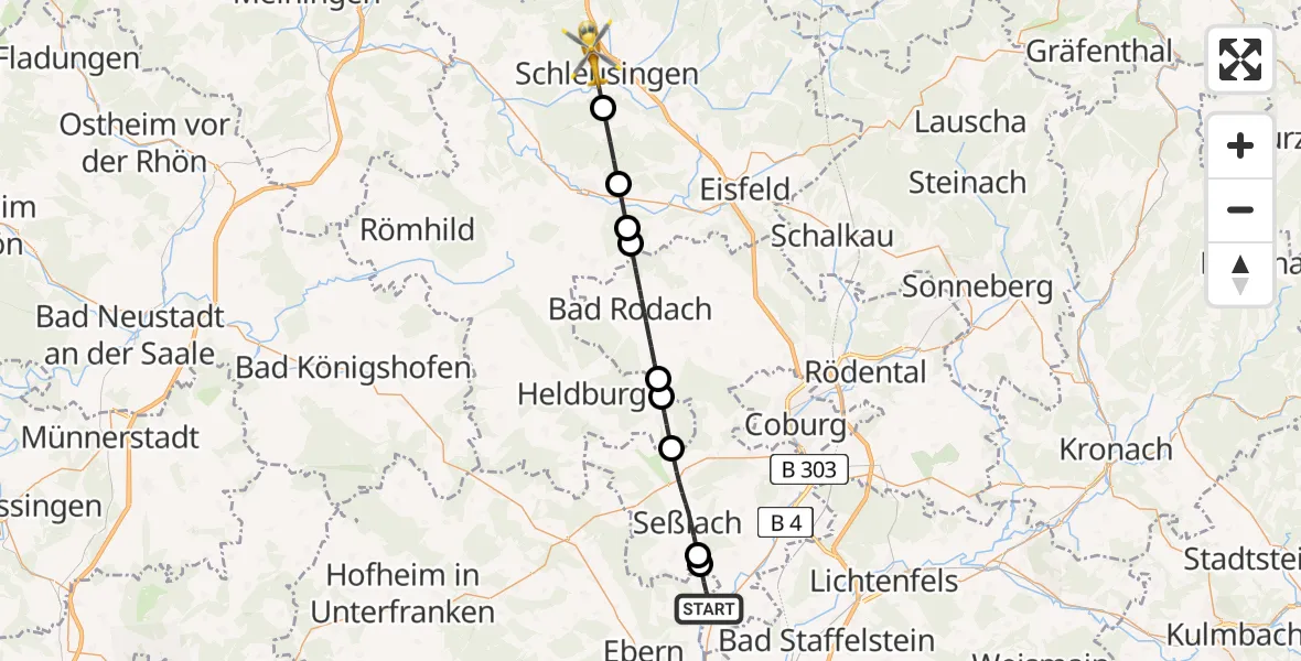Flugroute Rettungshubschrauber Untermerzbach - Schleusingen, 17 Juni 2026, 13:42