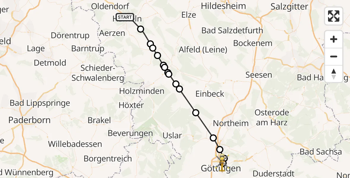 Flugroute Rettungshubschrauber Hameln - Göttingen University Clinic Hubschrauberlandeplatz, 17 Juni 2026, 13:43