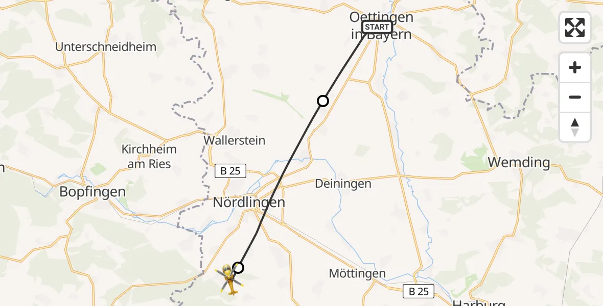 Flugroute Rettungshubschrauber Oettingen i.Bay. - Ederheim, 17 Juni 2026, 13:45