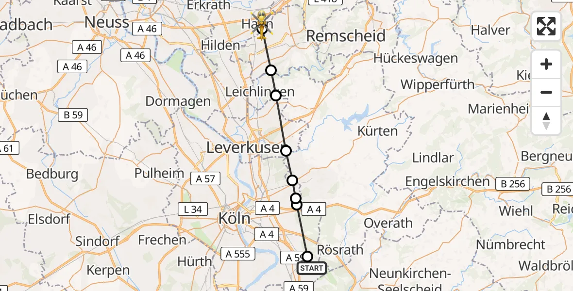 Flugroute Rettungshubschrauber Köln Bonn Flughafen - Haan, 17 Juni 2026, 13:50