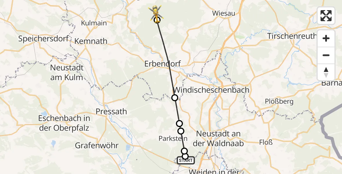 Flugroute Rettungshubschrauber Weiden i.d.OPf. - Pullenreuth, 17 Juni 2026, 13:52