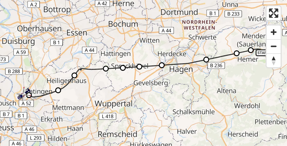Flugroute Polizeihubschrauber Menden (Sauerland) - Düsseldorf Flughafen, 17 Juni 2026, 13:53