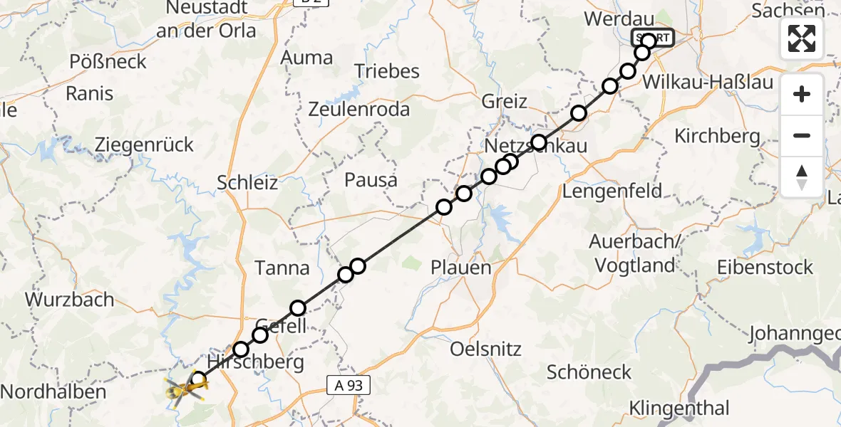 Flugroute Rettungshubschrauber ADAC Air Rescue Station Zwickau Hubschrauberlandeplatz - Issigau, 17 Juni 2026, 14:00